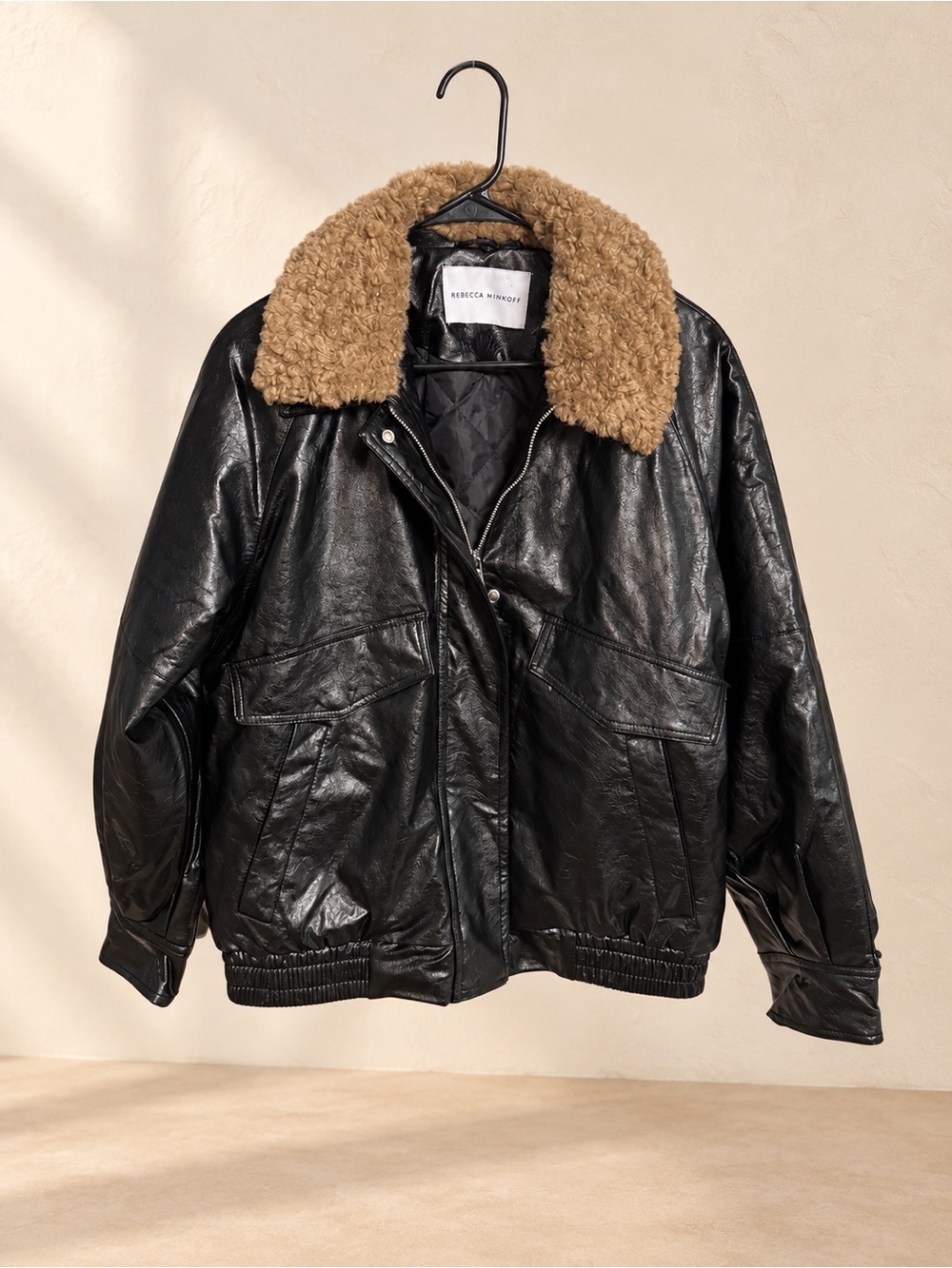 Rebecca Minkoff Black Leather Jacket with Tan Shearling Collar